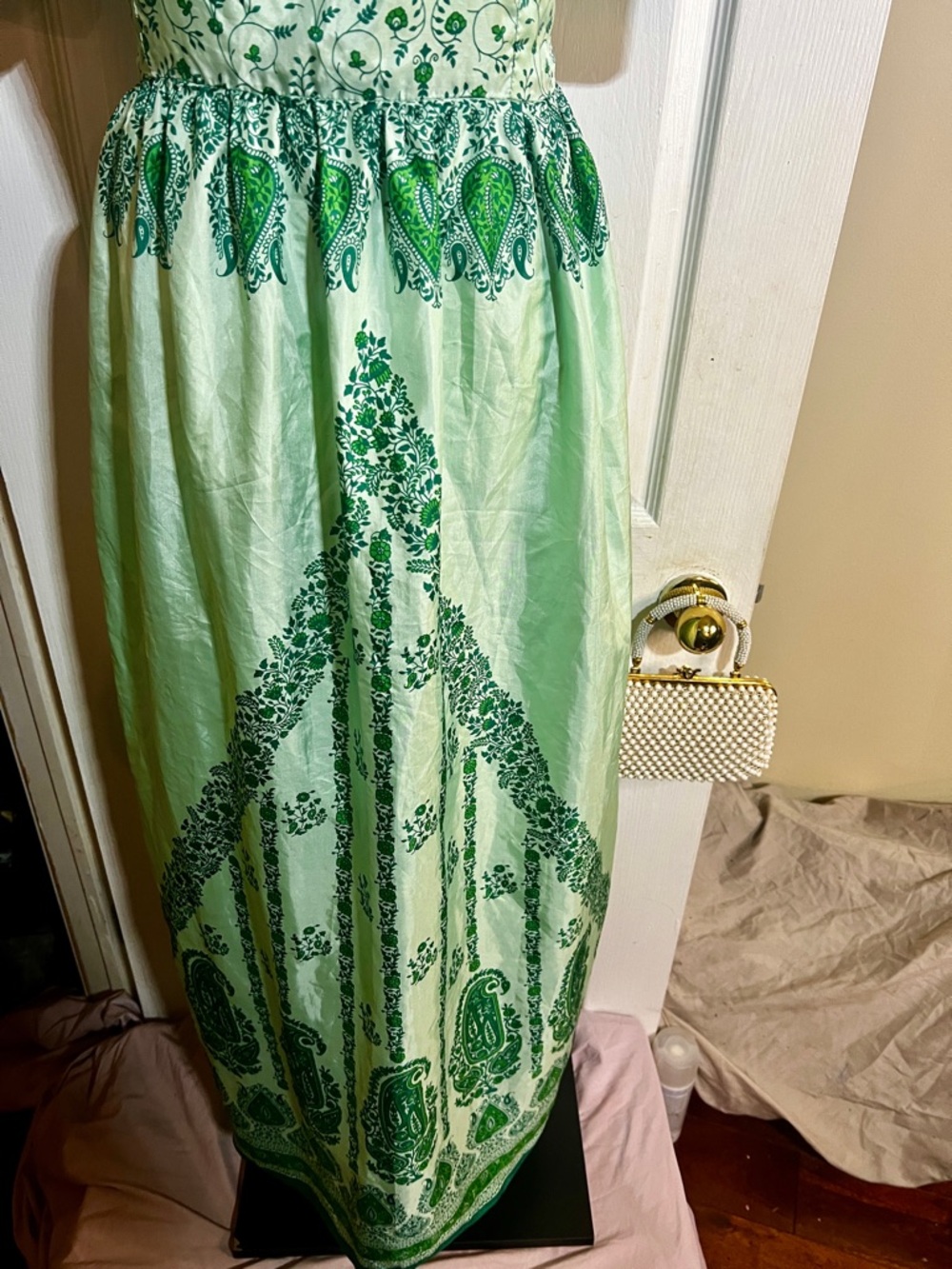 Vintage Wms Handmade Silk Satin Floral Paisley Pleated Festival Maxi Dress L - Picture 4 of 14